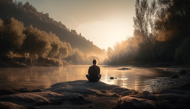 Free photo serene silhouette meditating on tranquil autumn mountain generated by ai