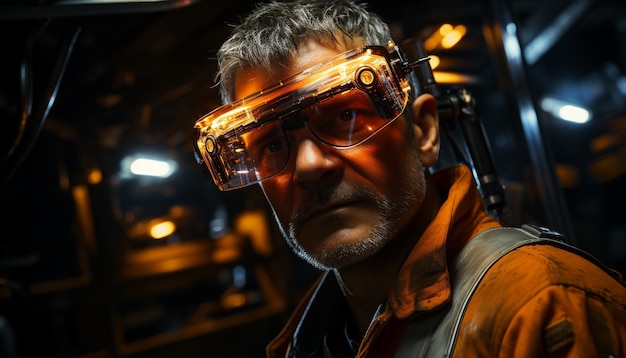 A serious adult engineer working indoors with protective eyewear generated by artificial intelligence