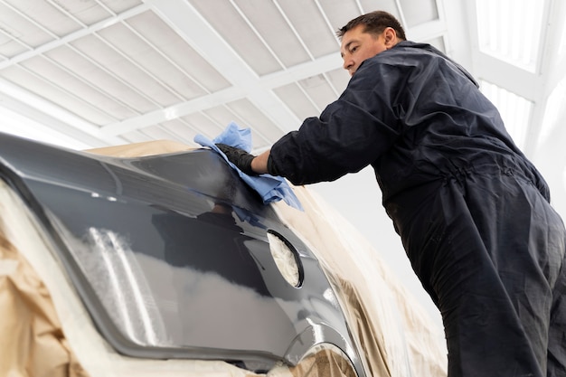 Service worker painting car in auto service