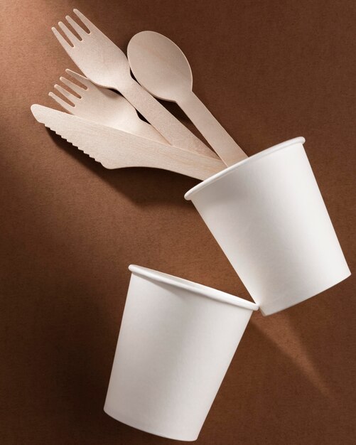 Set of bio cardboard cutlery in cups