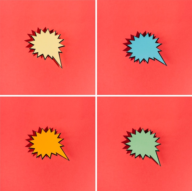 Free photo set of blank colorful explosion speech bubble on red backdrop