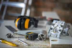 Free photo a set of carpenter's tools, accessories for precision drilling and wood measurement.