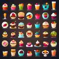 Free photo set of colorful cupcakes icons isolated on black background vector illustration