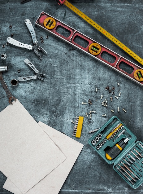 Free Photo set of construction tools on wooden table