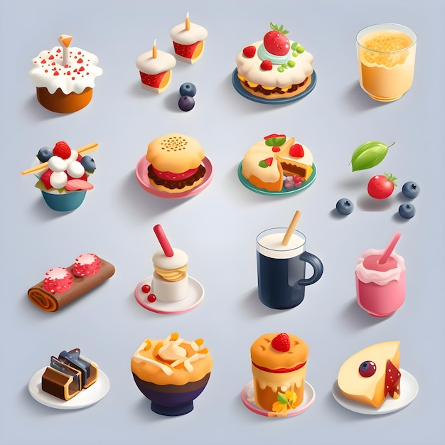 Free photo set of different cakes and desserts icons in isometric 3d style