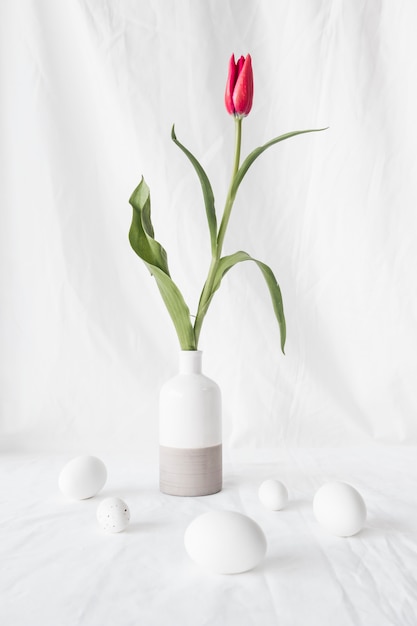 Free photo set of easter eggs near red flower in vase