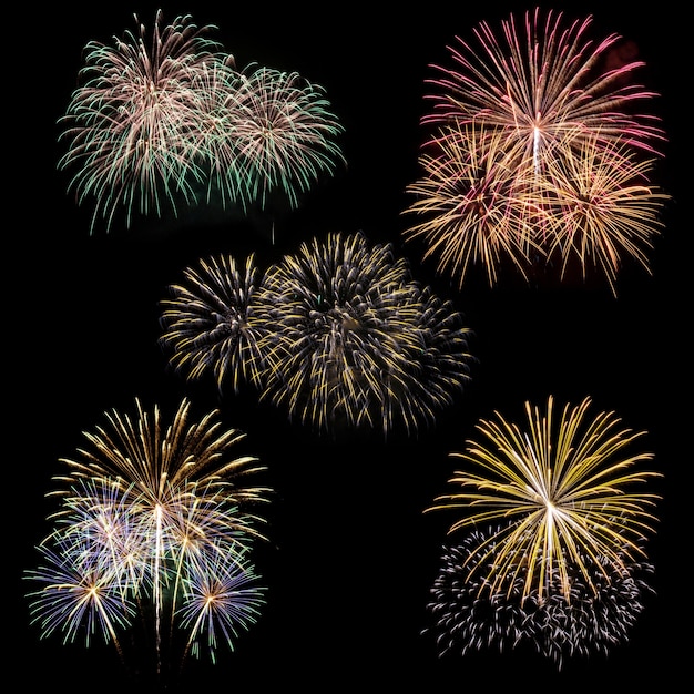 set of fireworks isolated on black background