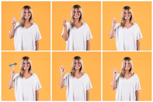 Free photo set of happy woman showing deaf sign against yellow wall