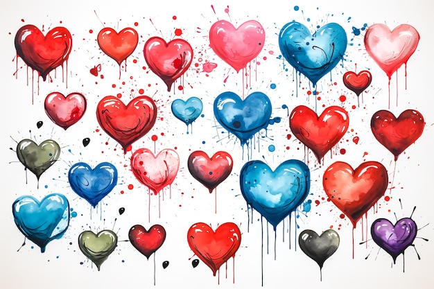 Free photo a set of hearts of different colors drawn with paint