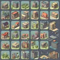 Free photo set of isometric buildings and streets vector illustration in retro style