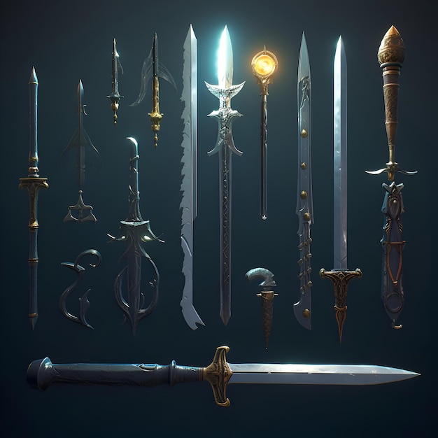 Free Photo set of medieval swords and daggers isolated on dark background 3d illustration