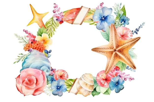 Set of watercolor summer wreath on white background Ai generative