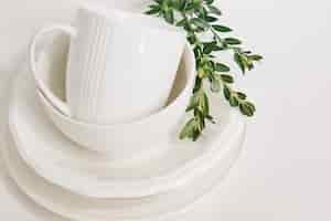 Free photo set of white dishes of three plates and a cup decorated with a branch of eucalyptus