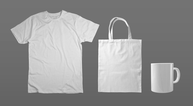 Set of White Tshirt Tote Bag and Mug on light background