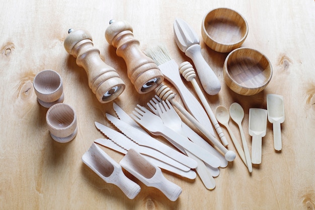 Set of wooden kitchen utensils,top view