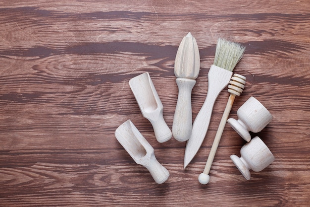 Set of wooden kitchen utensils,top view