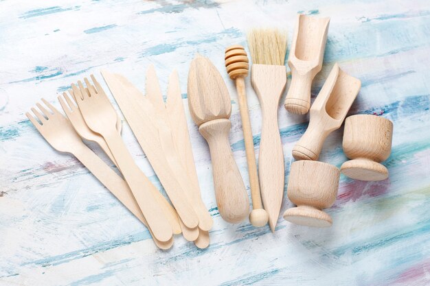 Set of wooden kitchen utensils,top view