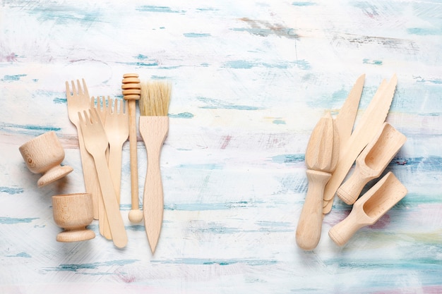 Free Photo set of wooden kitchen utensils,top view