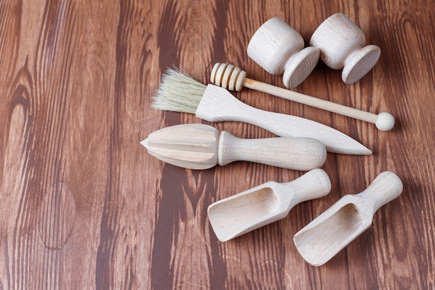 Set of wooden kitchen utensils,top view