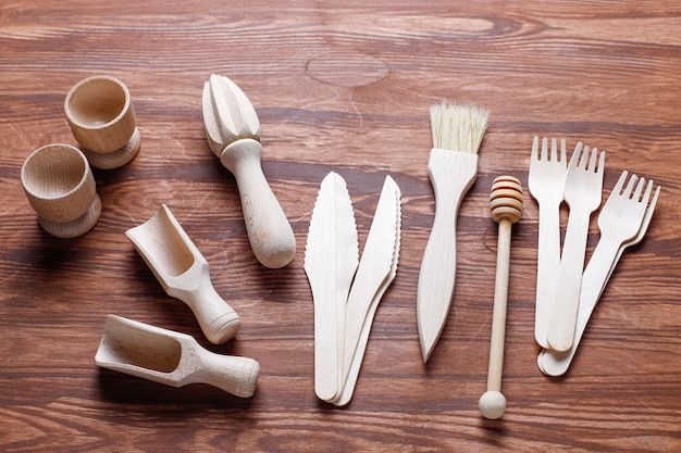 Free Photo set of wooden kitchen utensils,top view