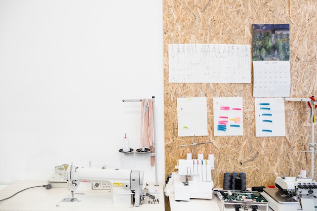 Sewing machine and accessories on workdesk in shop