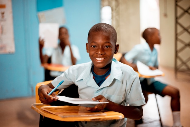 Shallow focus shot of an African child learning in the school