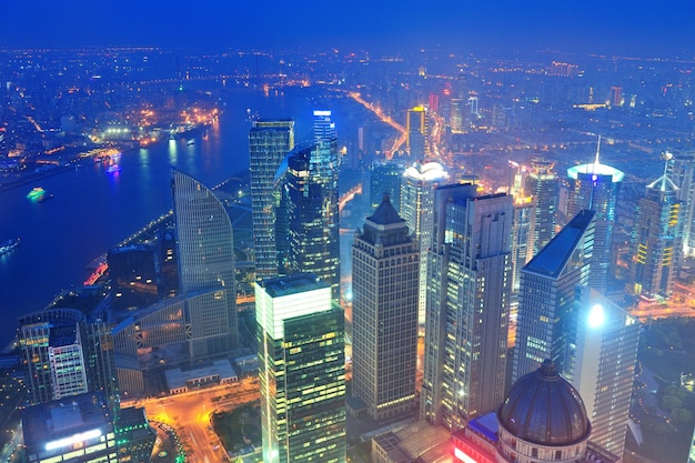 Shanghai aerial view with urban architecture at dusk