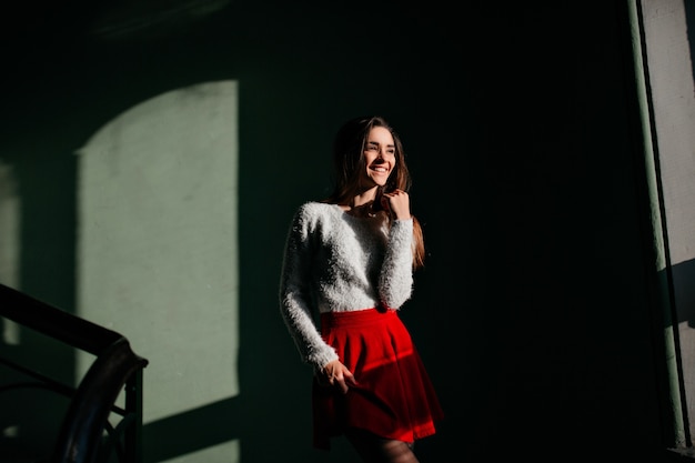 Free Photo shapely girl in red skirt standing in the dark and smiling