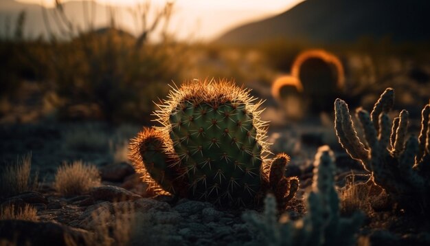 Sharp thorns on succulent plant in arid terrain generated by AI