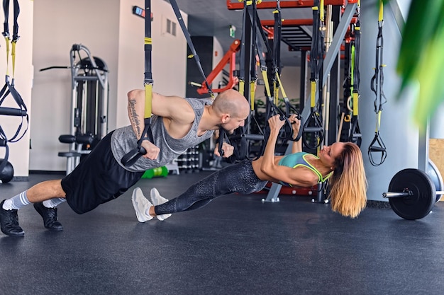 Free photo shaved head athletic male and slim brunette female exercising with trx straps in a gym club.