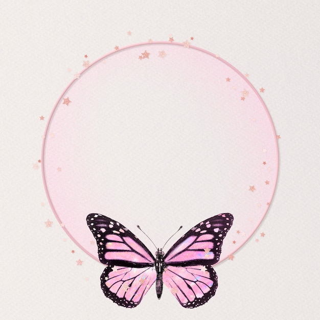 Free Photo shimmery pink butterfly frame circle holographic illustration