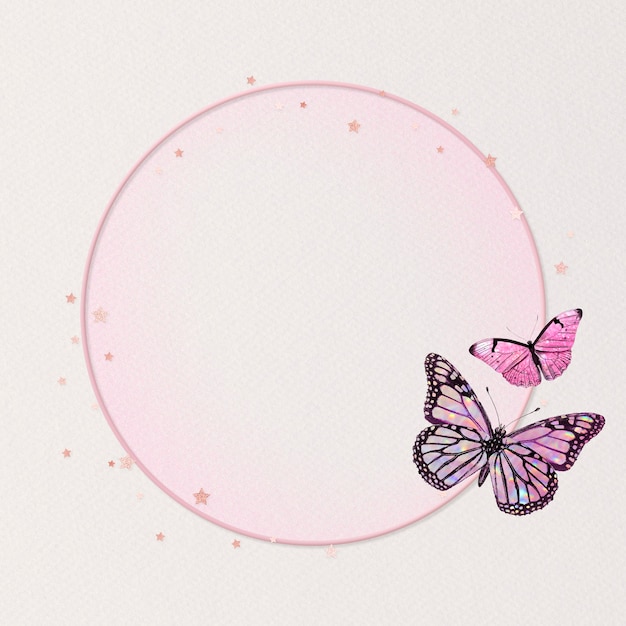 Free photo shimmery pink butterfly frame circle holographic illustration