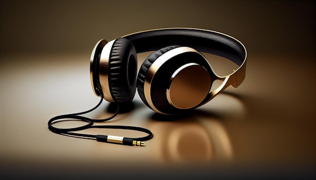 Free Photo shiny black headphones reflect golden nightclub lights generated by ai