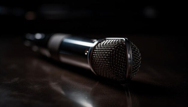 Shiny chrome microphone stands on metal table generated by AI