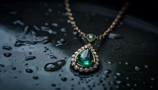 Shiny gemstone drop necklace on black background generated by AI