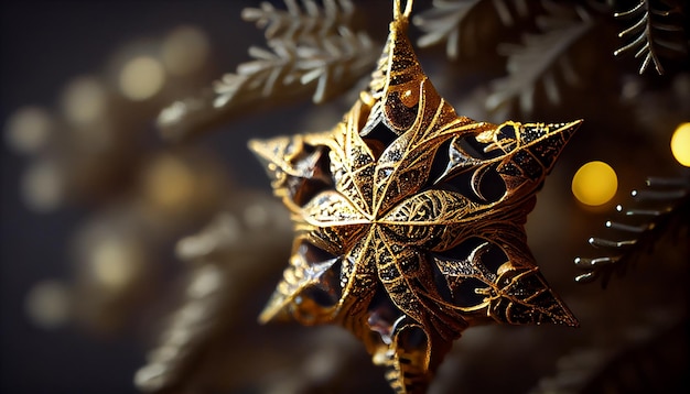 Shiny gold ornament adorns winter fir tree generated by AI