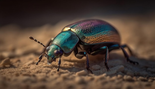 Free photo shiny scarab beetle crawls on green leaf generated by ai