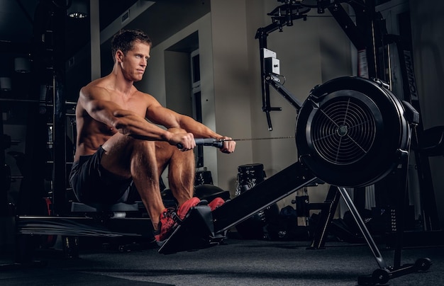 Shirtless athletic male doing workouts on muscles of a back on power weight machine in a gym club.