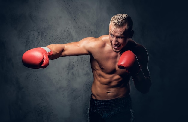 Shirtless kick boxer showing his punches and kicks over grey background in a studio.