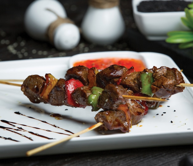 Shish kebab with liver and vegetables