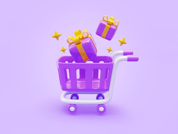 Free photo shopping cart with gift box icon promotion discount sale reward checkout ecommerce online shopping 3d illustration