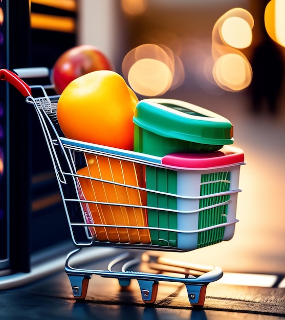 A shopping cart with a plastic container and a container in it.