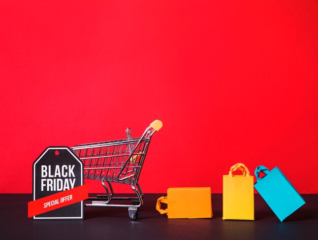 Shopping trolley near sign and little packets