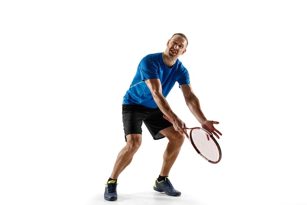 Shot going wide. Stressed tennis player arguing with umpire, referee, linesman or service judge at court. Human emotions, defeat, crash, failure, loss concept. Athlete isolated on white