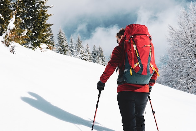 Free photo behind shot of a man ski mountaineering in the snowy mountains