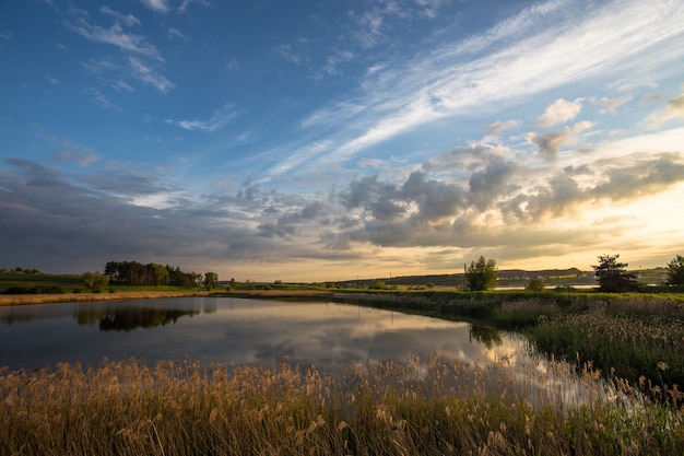 Free photo shot of the small pond in the meadow during sunset in tczew, poland