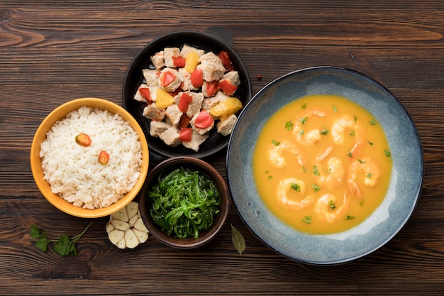 Shrimp soup and rice top view