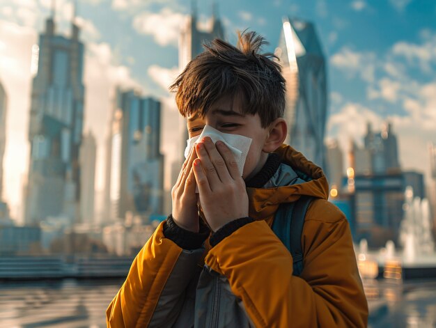 Sick kid  blowing their snot into a tissue