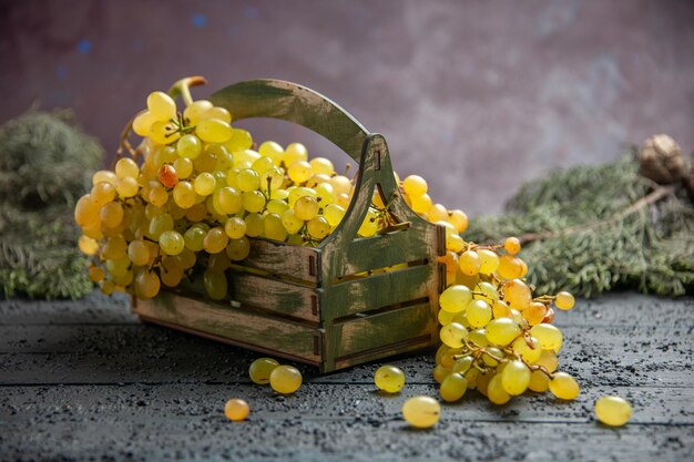 Side close-up view white grapes appetizing bunch of white grapes in wooden box on grey table next to spruce branches