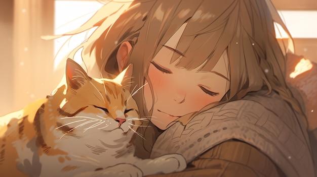 Free photo side view anime girl hugging cat